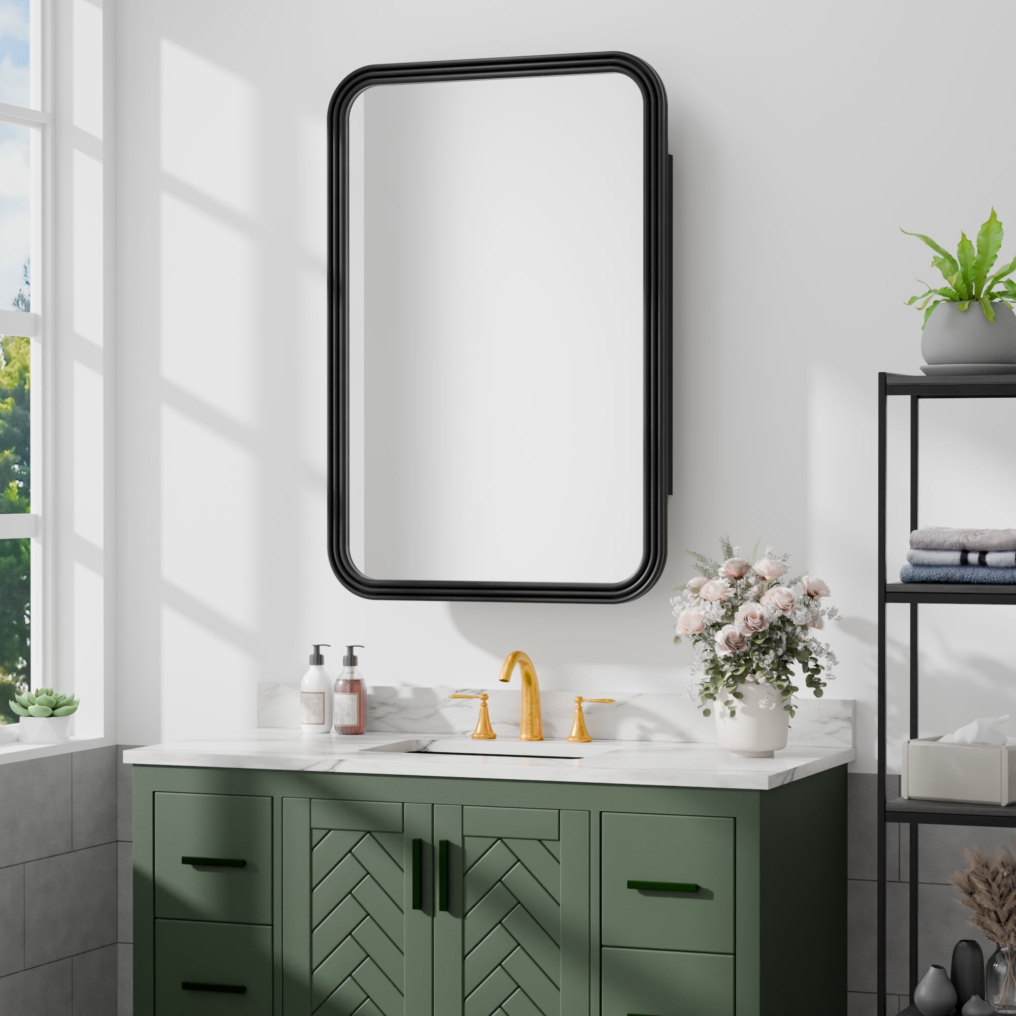MAYEERTY 35x24x5 Inch Black Metal 3-Ring Round Corner Rectangular Medicine Cabinet for Bathroom