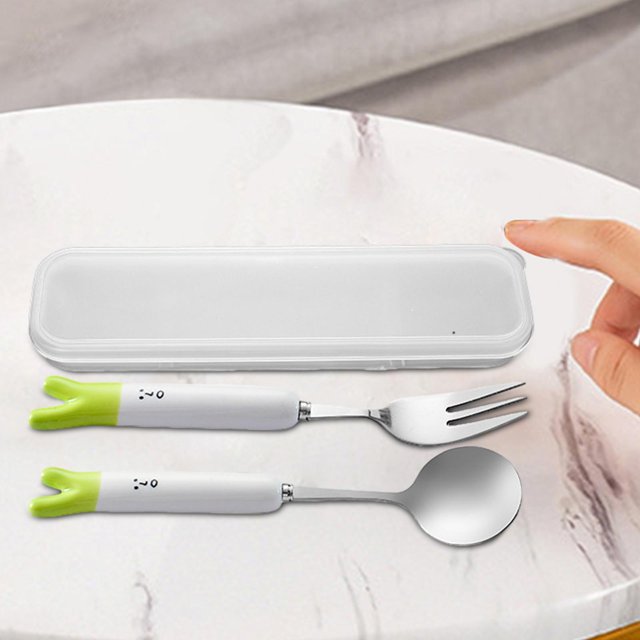Cuchara y tenedor de acero inoxidable con estuche, tenedor de postre, cuchara, utensilios de viaje, juego de cubiertos portátiles para oficina, queso cebollas