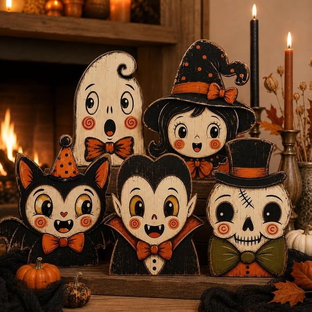 Vintage Halloween Wooden Character Tabletop Decor - Retro Pumpkin