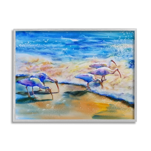 Stupell Industries Egret Birds Walking Ocean Shore Splashing Water Paintings Gray Framed Art Print Wall Art, 14x11, by MB Cunningham