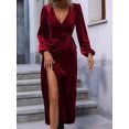 thumbnail image 4 of Robe en Velours à Manches Longues pour Femmes Col en V Vacances Cocktail Fête Semi-Formelle Midi Robes Rouge Vin m, 4 of 9