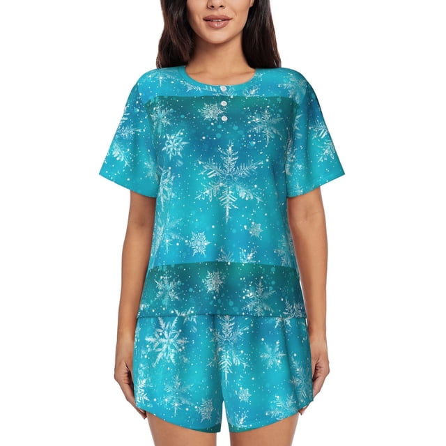 Balery Christmas Snow Conjunto de Pijama para Mujer con Estampado, Dos Piezas de Manga Corta y Shorts, Ropa de Dormir Suave con Cuello Redondo y Bolsillos-3X-Large