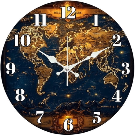 SBEMP10 Inch Silent Wall Clock, Vintage World Map Decorative Wall Clock, Battery Operated Non-Ticking Round Clock for Living Room Office Travel Lover Home Decor