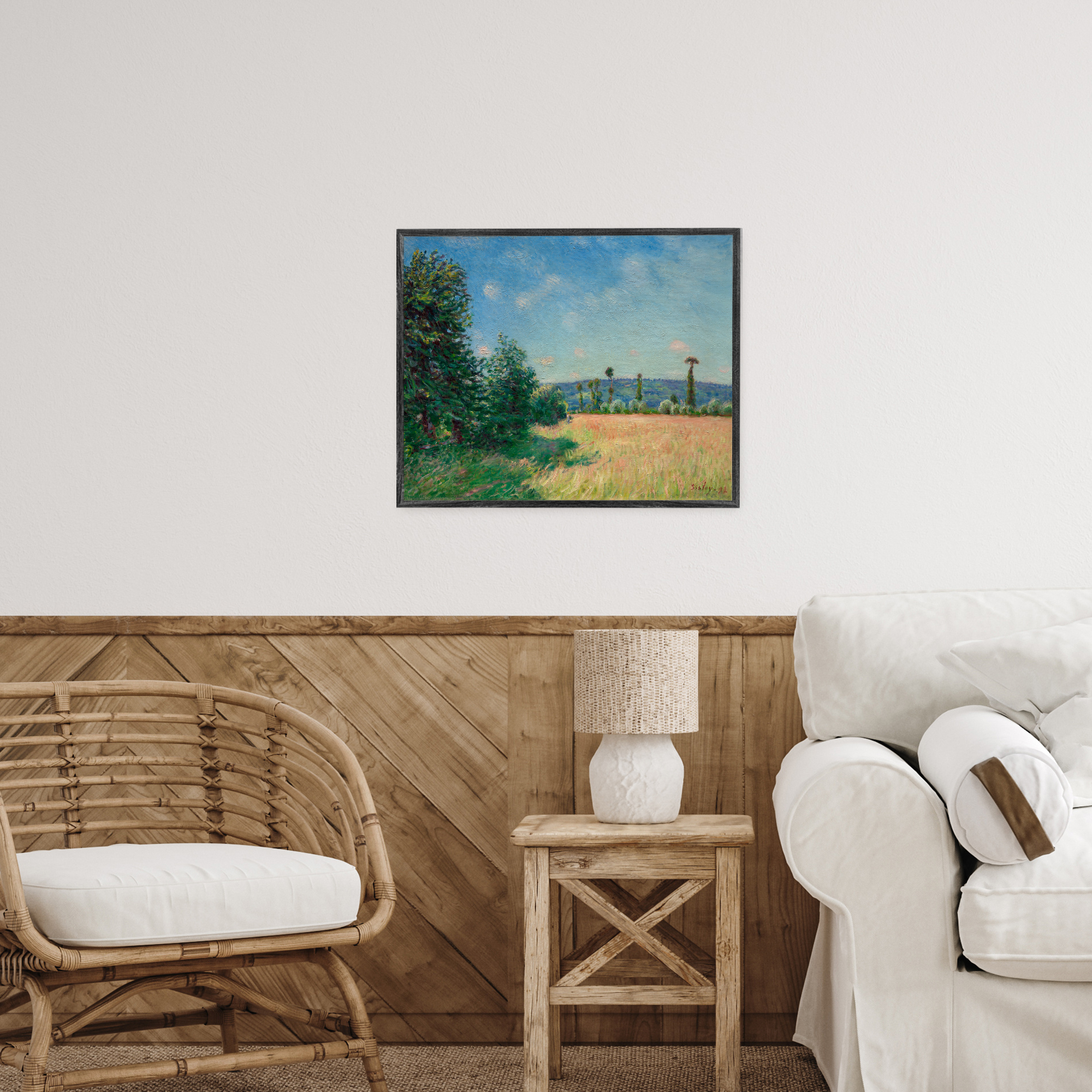 Sahurs Meadows in Morning Sun Gray Framed Giclee Art, design by Alfred Sisley