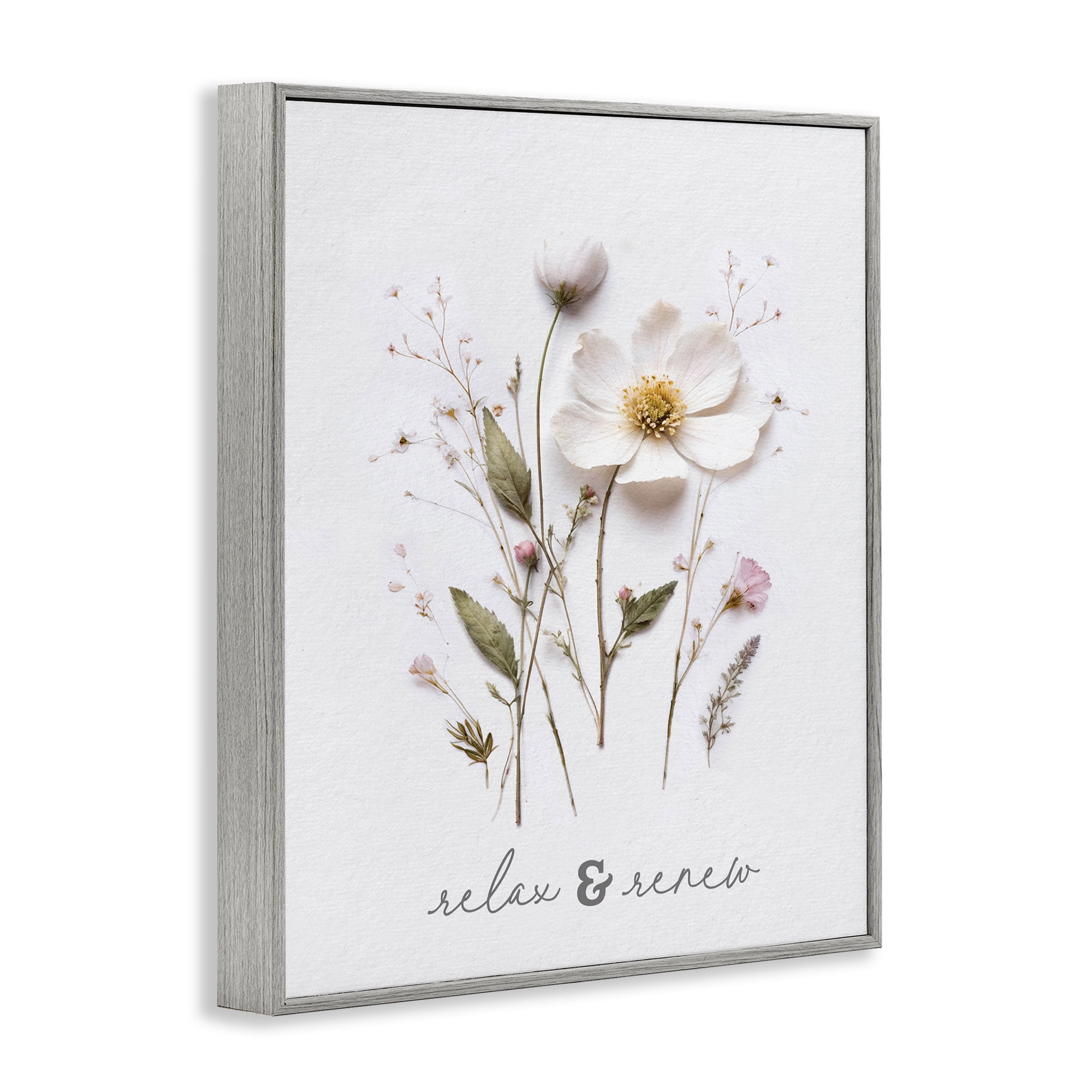 Pressed Flower Relax & Renew Gray Framed Giclee Art, design by Lettered and Lined