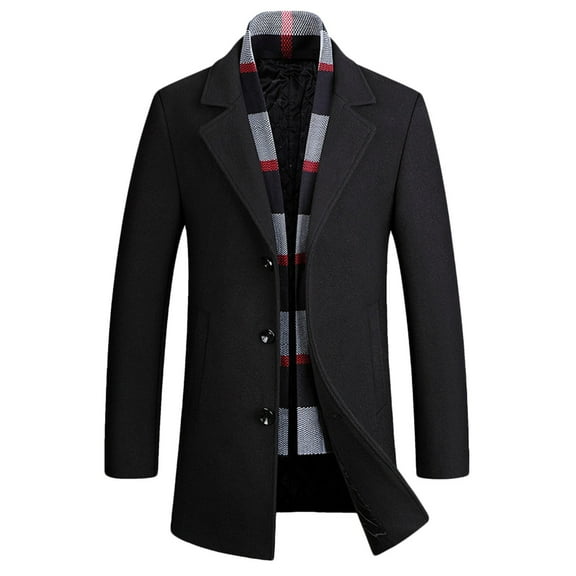 hoksml Men's Wool Blend Coat Big Tall Trench Overcoat with Plaid Scarf Mid-Length Casual Single Breasted Notch Lapel Pea Coat with Pockets