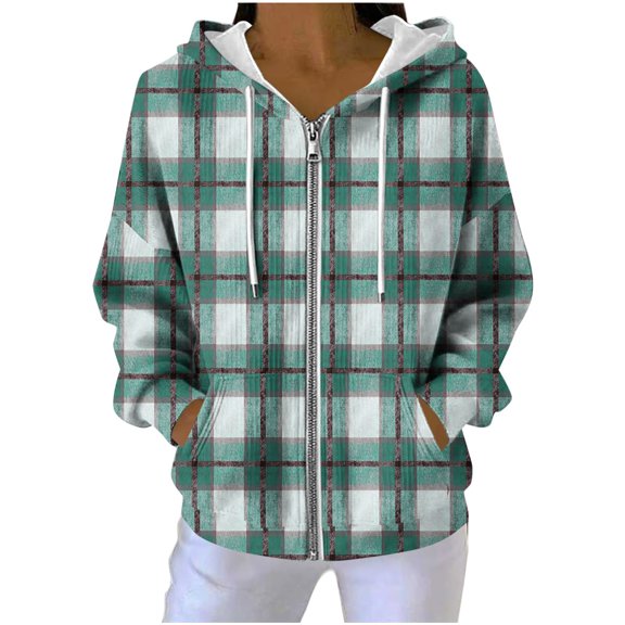 Womens Knitted Hooded Sweatshirts, Zip Up Hoodies for Women Fall Fashion Plaid Printed Drawstring Full Zip Long Sleeve Pullover with Pockets