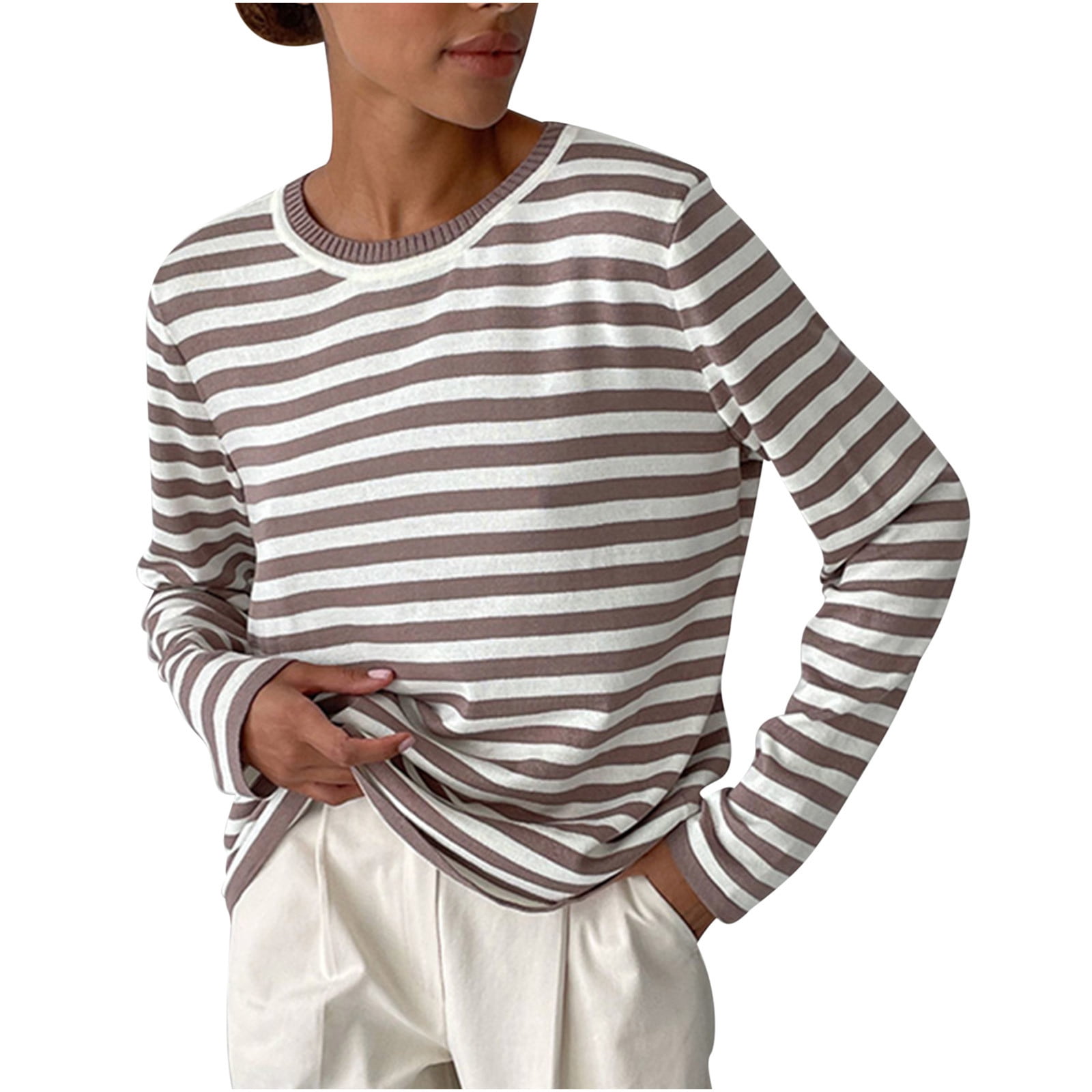 Birdeem Women's Crew Neck Knitted Striped Jumper Classic Vintage