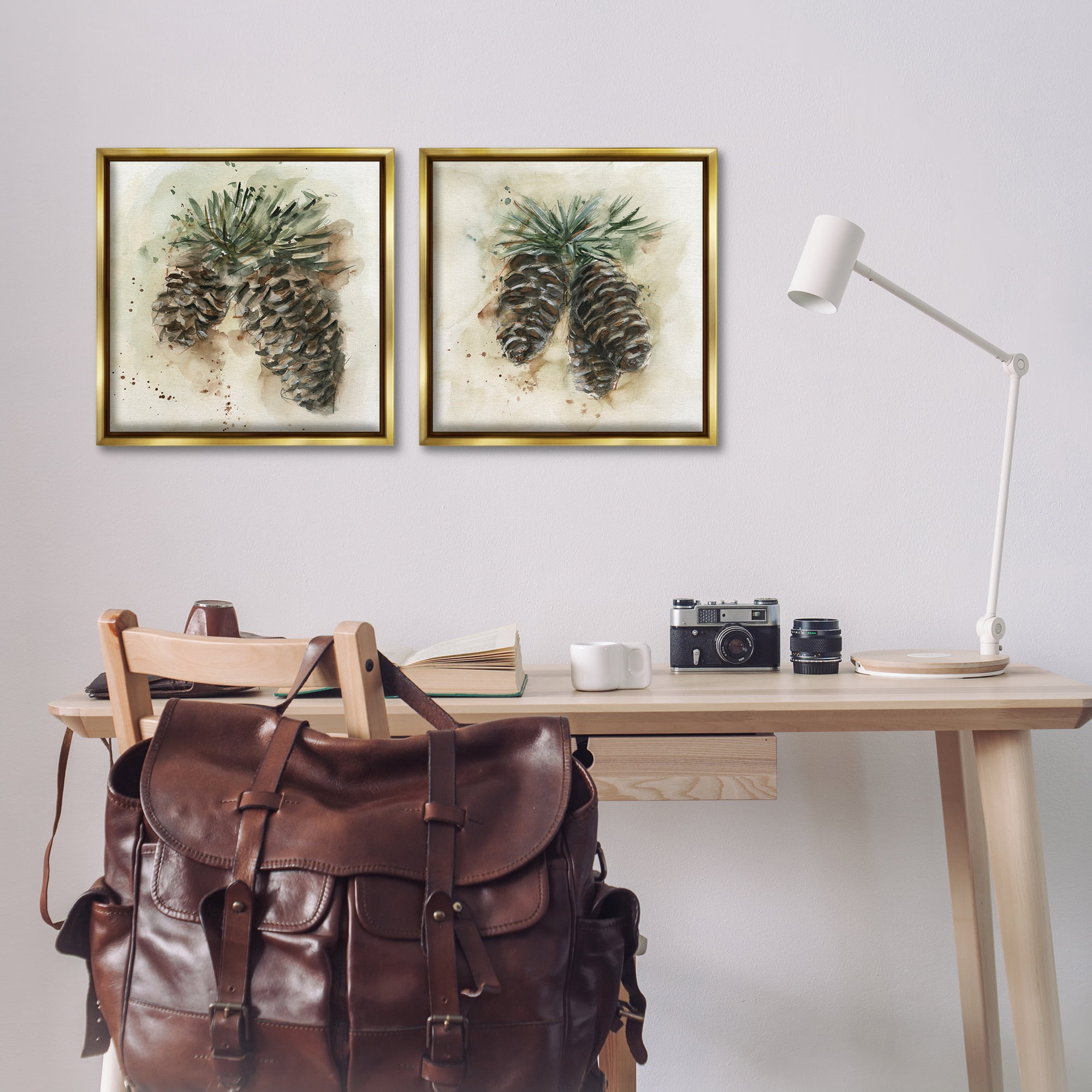 Stupell Industries Watercolor Drawing Pine Cones Plants & Flowers Painting Gold Floater Framed Canvas Art Print Wall Art, 18 x 18, Set of 2