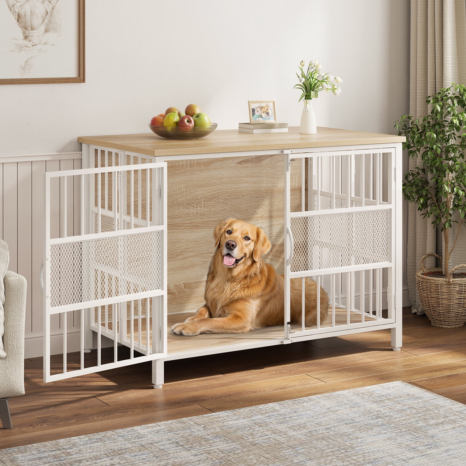 KINGTACK 41" Foldable Dog Crate Furniture, Heavy Duty Dog Cage for Medium Large Dogs, Chew Resistant Dog Kennel for Bedroom Living Room, White