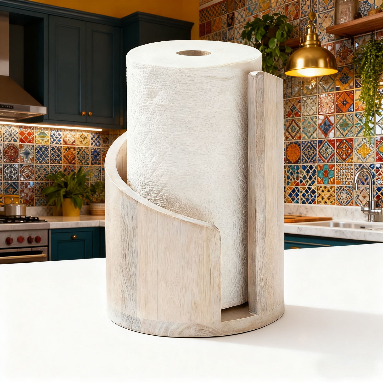 Paper Towel Holder Countertop with Wood Round Base and Mental Holder - Wood Paper Towel Holders Countertop, Effortless One-Hand Tearing, Holds Standard & Mega Rolls, Modern Organizer(Brown)