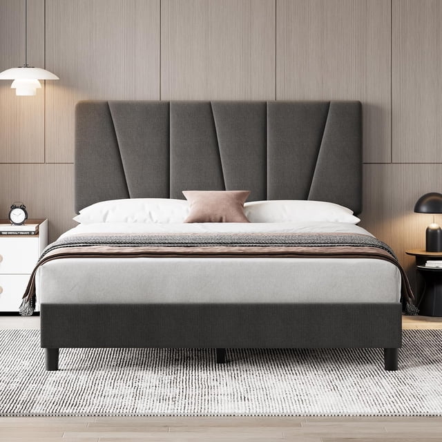 Yeshouse Estructura de cama Queen con cabecero ajustable, moderna, tapizada en lino, con plataforma y soporte de listones de madera. No requiere somier