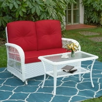 MEETWARM Outdoor Wicker Patio Glider Set, Loveseat for 2 Person Porch Furniture Glider with Glass-Top Coffee Table, Patio Glider Rocking Bench with Thickened Cushions, White Wicker/Red