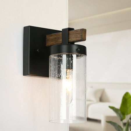 

LNC Farmhouse 1-Light Black Bathroom Vanity Light with seeded Glass Shade