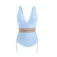 thumbnail image 2 of Uaswgudfs Women's One-Piece Swimsuit Featuring a Deep V-Neckline, Adjustable Side Strings, and a Decorative Waistband Light Blue XL, 2 of 6