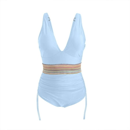 UTSJKR Deals One Piece Swimsuit Women Tummy Control Bathing Suits for Womens Color Block Drawstring V Neck Slimming Swimwear Light Blue XXL