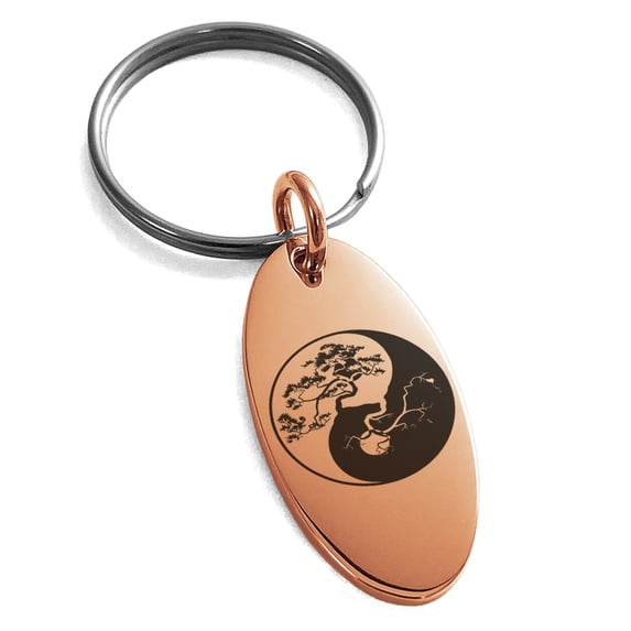 Stainless Steel Bonsai Tree Yin Yang Engraved Small Oval Charm Keychain Keyring