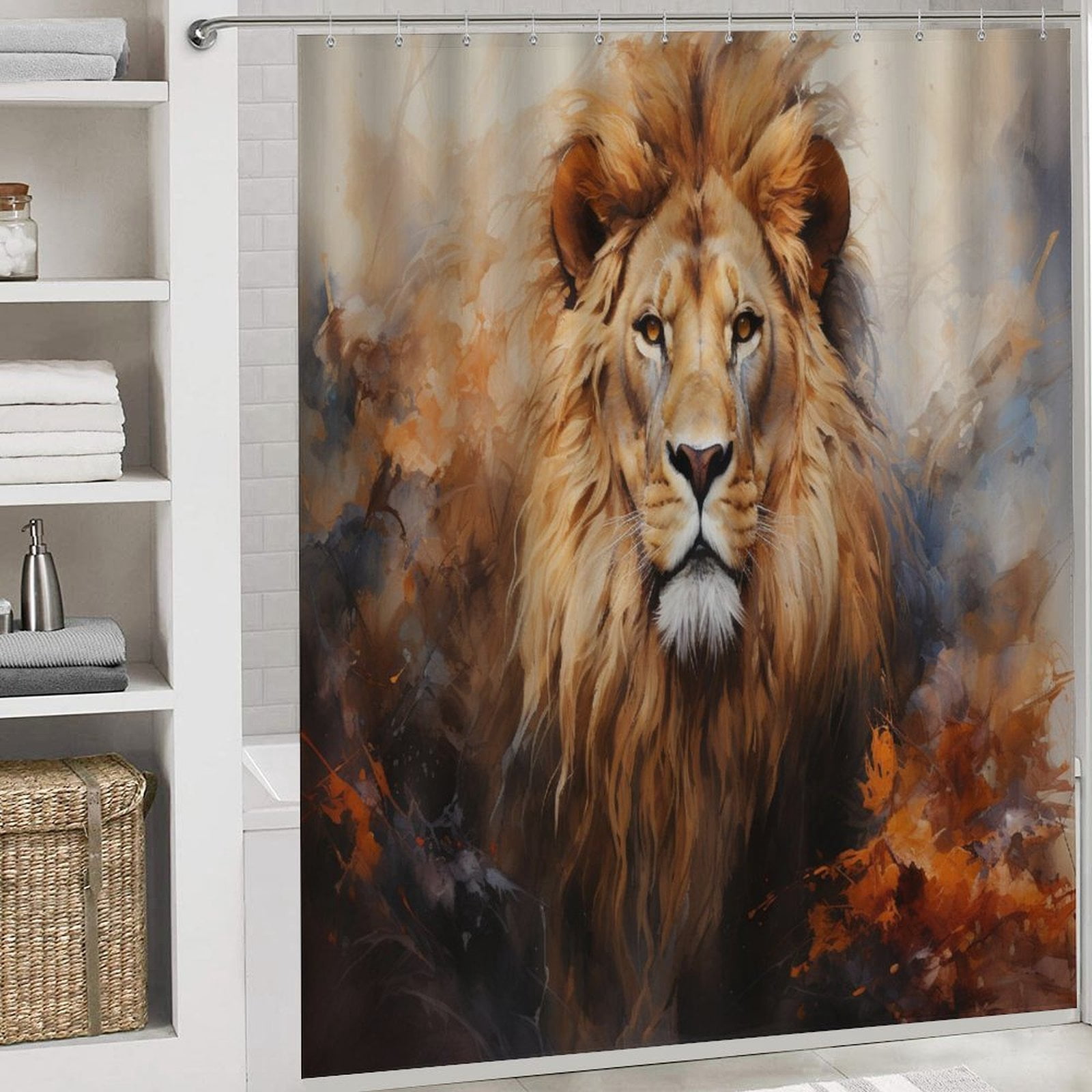 Artistic Lion Face 4 Pcs Shower Curtain Sets with Rugs Include Waterproof Shower Curtain Non-Slip Rug Toilet Lid Cover Bath Mat Wild Animal Lion Head Waterproof Fabric Bath Curtain for Bathtub Decor