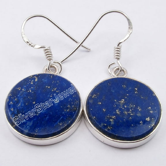 SilverStarJewel 925 Sterling Silver Real Navy Blue Lapis Lazuli Round Flat Stones Earrings 3.4CM