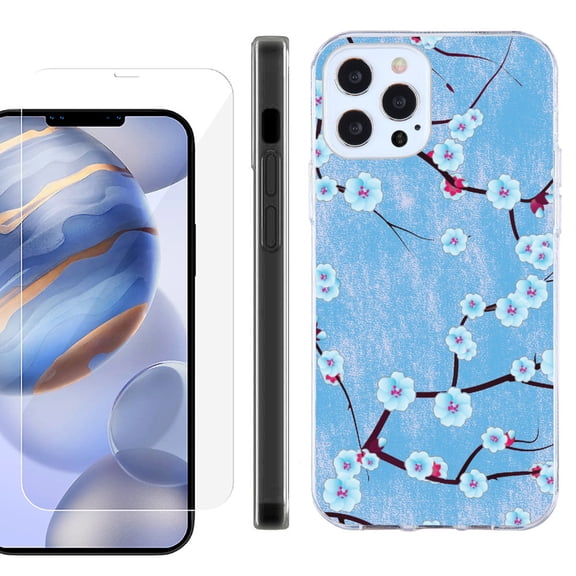 Slim Fit Protective Phone Case for Apple iPhone 12 / iPhone 12 Pro, with Tempered Glass Screen Protector, by OneToughShield ® - Blossom Sky