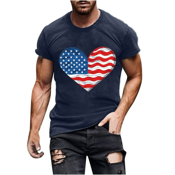 Busydd T Shirts for Man Round Neck Short Sleeve Independence Day Tops 4th of July American Flag Print Patriotic Tees Casual Comfy Cotton Summer Tops