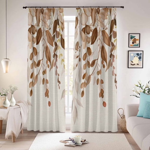 Brown Orange Eucalyptus Blackout Curtains for Bedroom/Living Room, Pinch Pleated Black Out Curtains, Farmhouse Weeping Leaves Linen Room Darkening Window Drapes with Hooks 2 Panels, 39"x70"