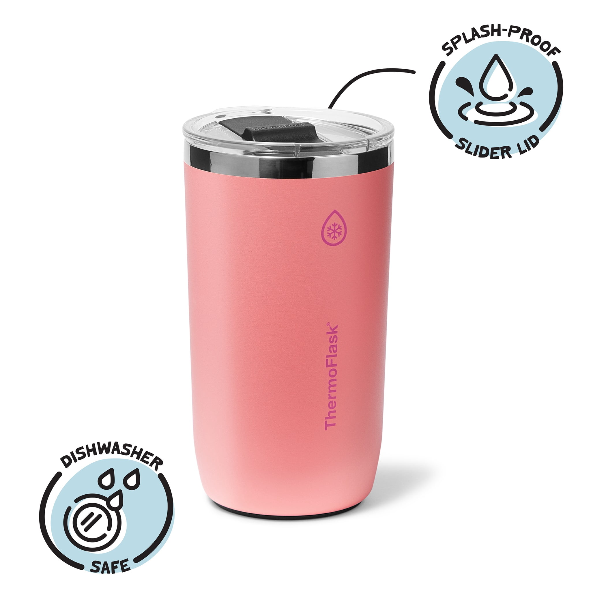 ThermoFlask Drinkware 16 oz Beer Tumbler - Double-Wall Insulated for Cold & Hot Drinks - Lightweight & Simple Cup with Innovative Press In Slider Lid - Modern & Durable - Sunkissed Coral