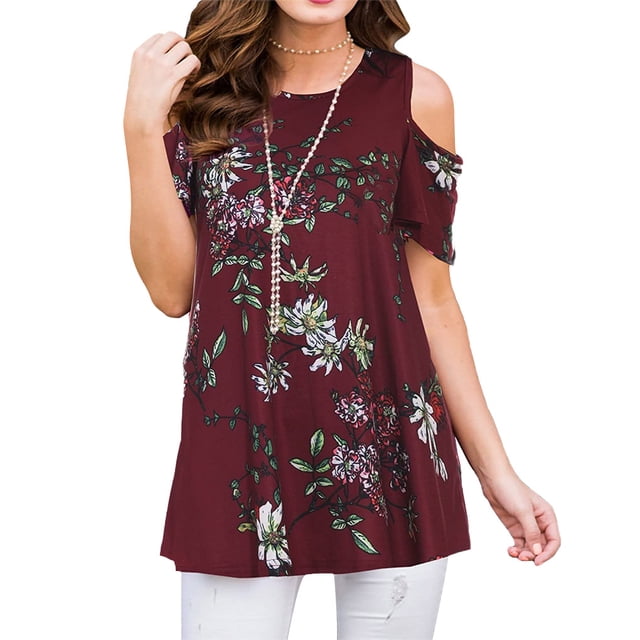 Sonducket Camiseta de mujer Top con estampado bohemio Top con estampado en frío Blusa de manga corta con hombros descubiertos Prendas para la parte del cuerpo Vino rojo S Sonducket AP003084-01