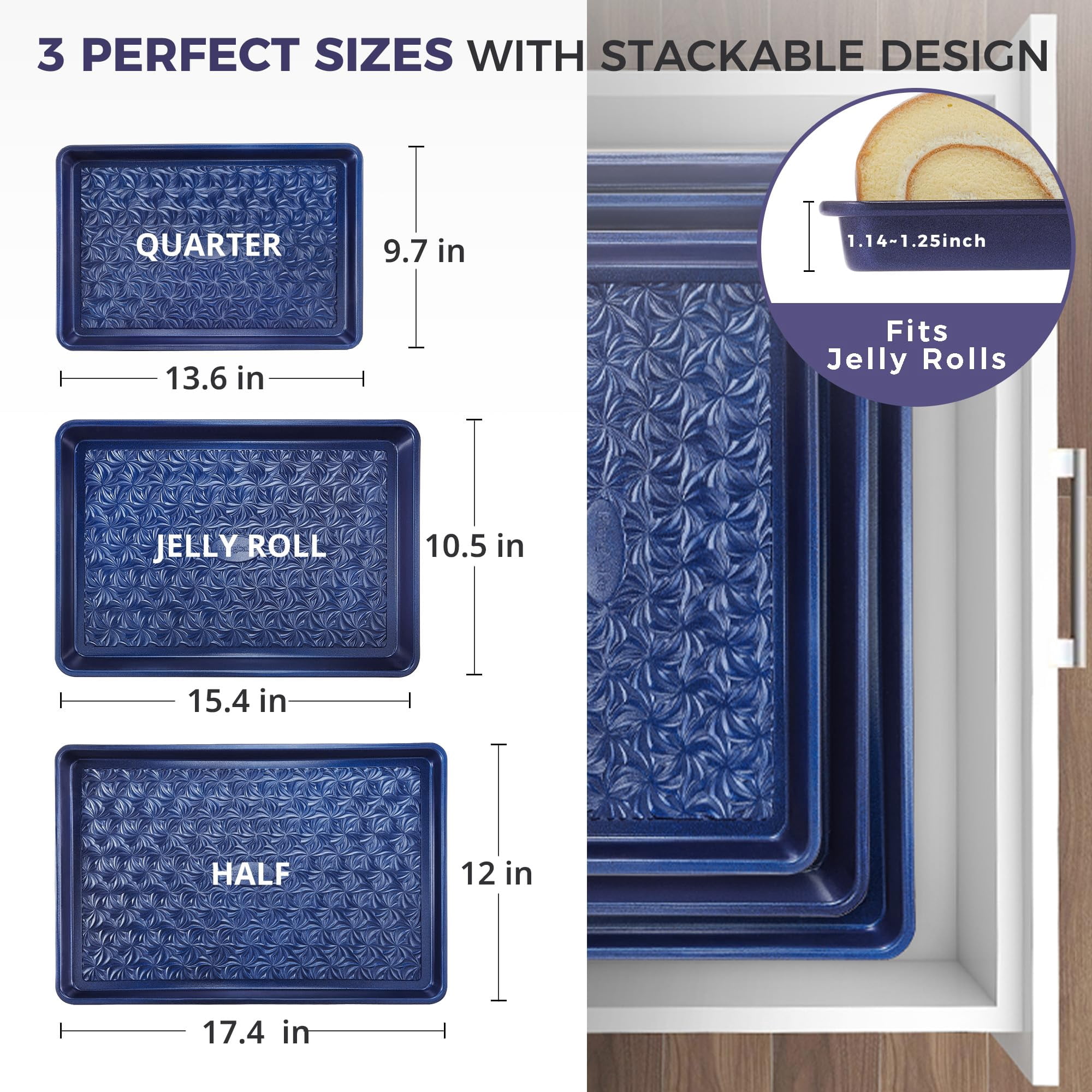 HONGBAKE Nonstick Baking Sheet Pan Set of 3, Cookie Sheets for Baking, Half Sheet, Quarter Sheet & Jelly Roll Pan Set, Heavy Duty Carbon Steel Bakeware, Blue