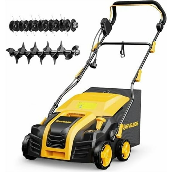 16 Inch 2-in-1 Electric Dethatcher and Scarifier 5-Position Depth Adjustment,Lawn Dethatcher with 15 Amp Copper Motor, Removeable 14.5-Gal Collection Large Capacity Bag,Quick-Fold,Yellow