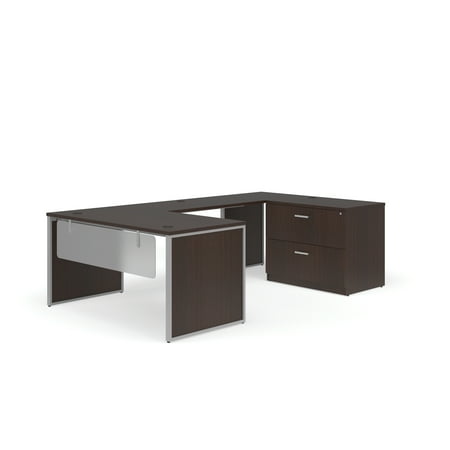 OFM Fulcrum Series Office Furniture Set  60  U-Shaped Desk with Bridge  Credenza  Lateral Filing Cabinet  Leg Panels  Modesty Panels  in Espresso