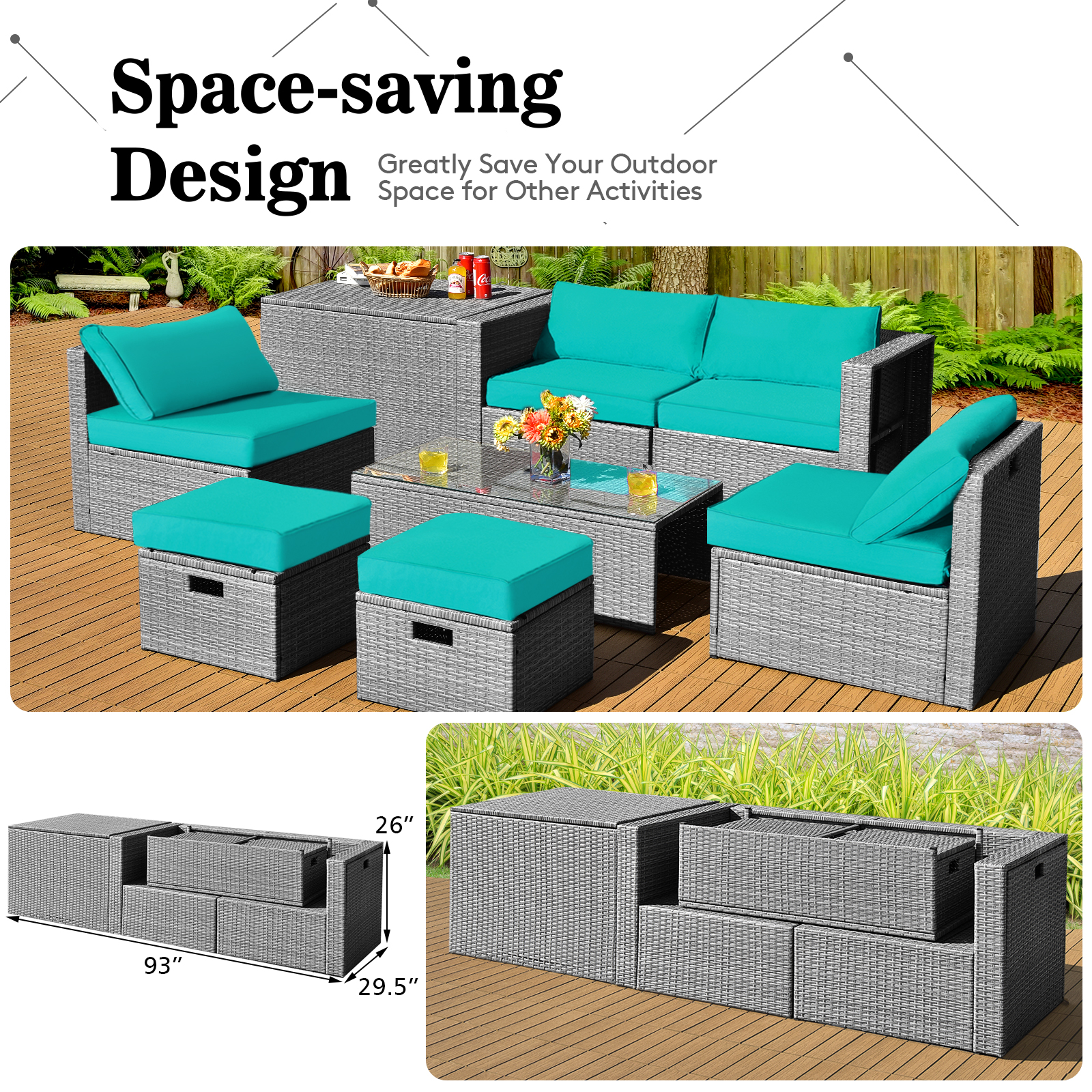 Patiojoy 8 Pieces All-Weather PE Rattan Patio Furniture Set Outdoor Space-Saving Sectional Sofa Set with Storage Box Turquoise - image 5 of 9