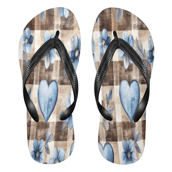 YAZAOOSummer Flip Flops Creatively Blue Floral Hearts on Check Simple Beach Sandals