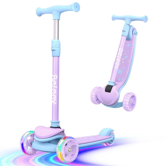 BELEEV Scooter for Kids Ages 3-12, 3 Wheel Folding Scooter for Toddlers Girls Boys, LED Light-Up Wheels, 4 Adjustable Height,Purple