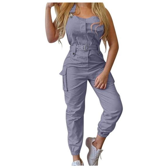Hontri Women's Casual Dress, Women's Fashion Adjustable Back Strap Pants Solid Color Pocket Design Jumpsuit Grey M