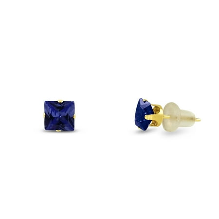Cut Blue Sapphire Earrings - Simulated 2x2mm Square Princess Cut Blue Sapphire Solid 10K Yellow Gold 4-Prong Set Baby Stud Earrings