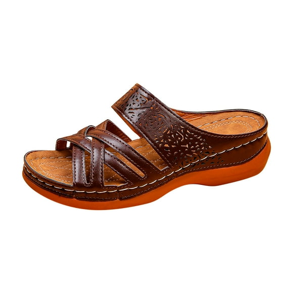 Leather Sandals Women Dressy Summer 2023 Peep Toe Platform Sandals Shoes Beach Wedges Ladies Flip Flops Orthopedic Sandals