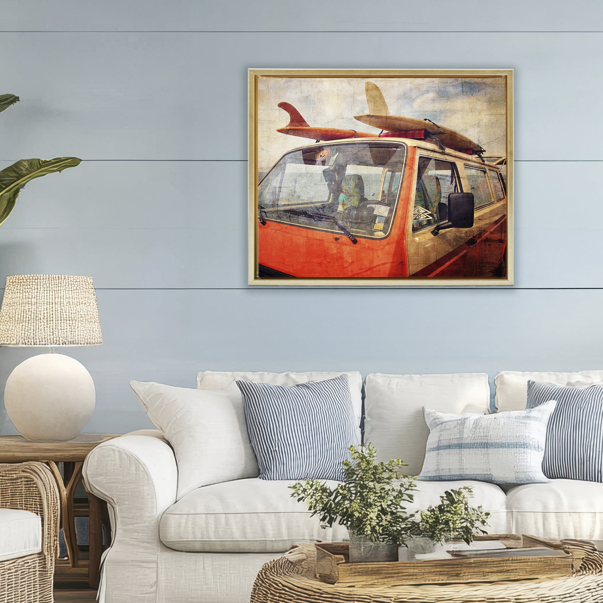 Stupell Industries Surf Bus Vintage Distressed Gold Framed Floater Canvas Wall Art, design by Grotto Studios