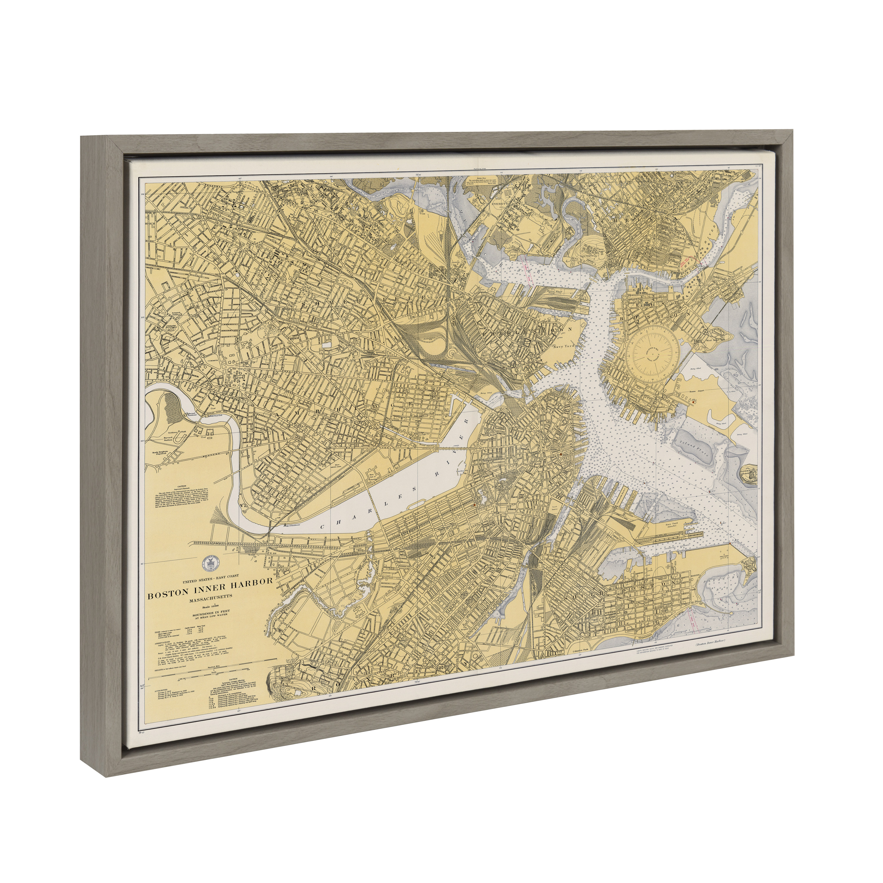 Kate and Laurel Sylvie Boston Harbor Map Framed Canvas Wall Art by Corinna Buchholz of Piddix 18x24 Gray Decorative Map Art for Wall
