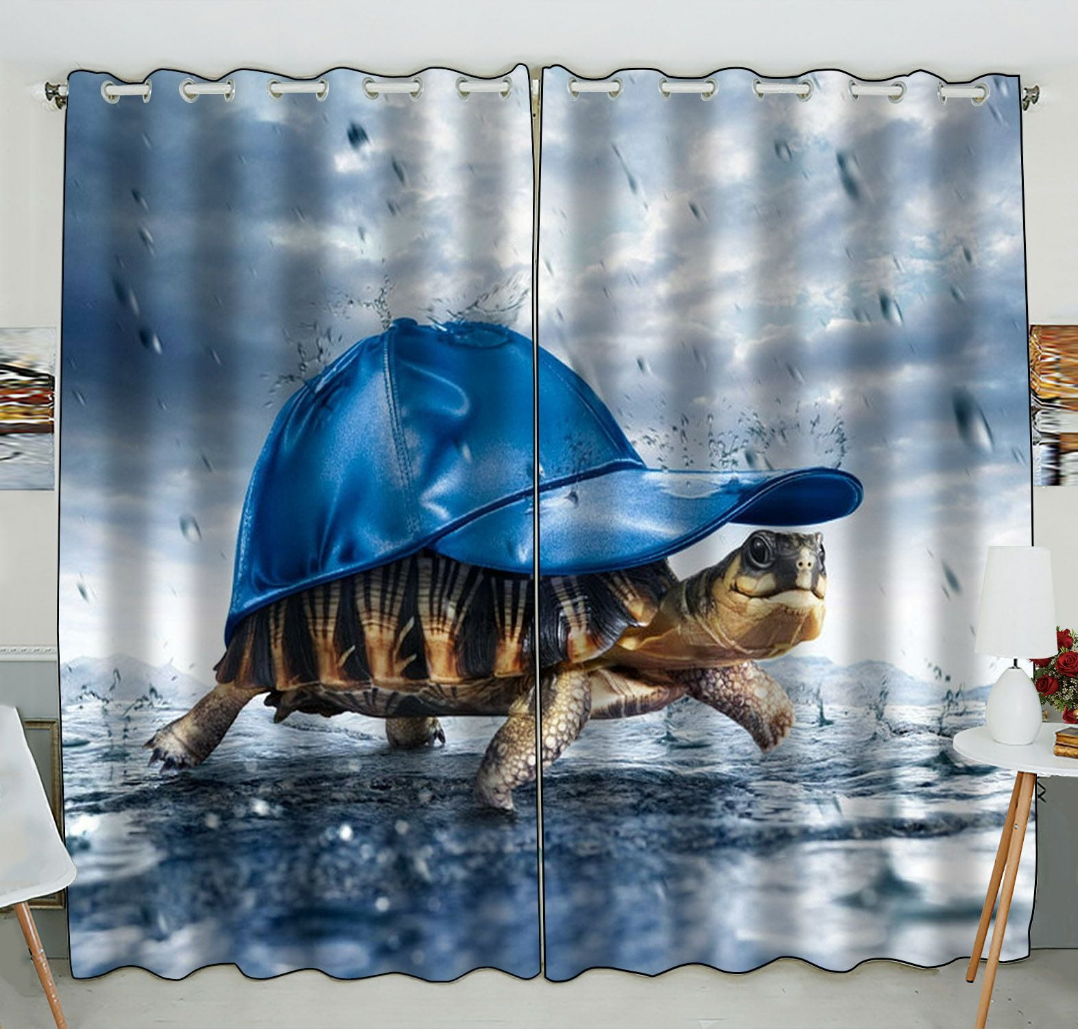 ZKGK Art Turtle Wear Cap In The Rain Window Curtain Drapery/Panels ...