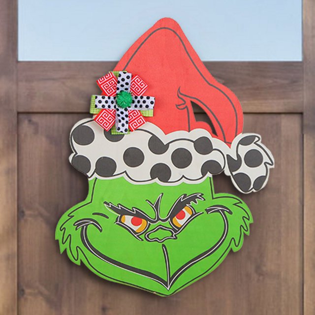 Decoración de puerta de Navidad: patrón de lunares, colgador de puerta con cabeza de Grinch, letrero de puerta de madera, corona de Grinch