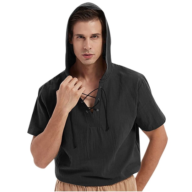 Hombres Casual Solid Pullover Cuello en V Algodón Lino Con Capucha Manga Corta Tops Pompotops oipoqjl34227