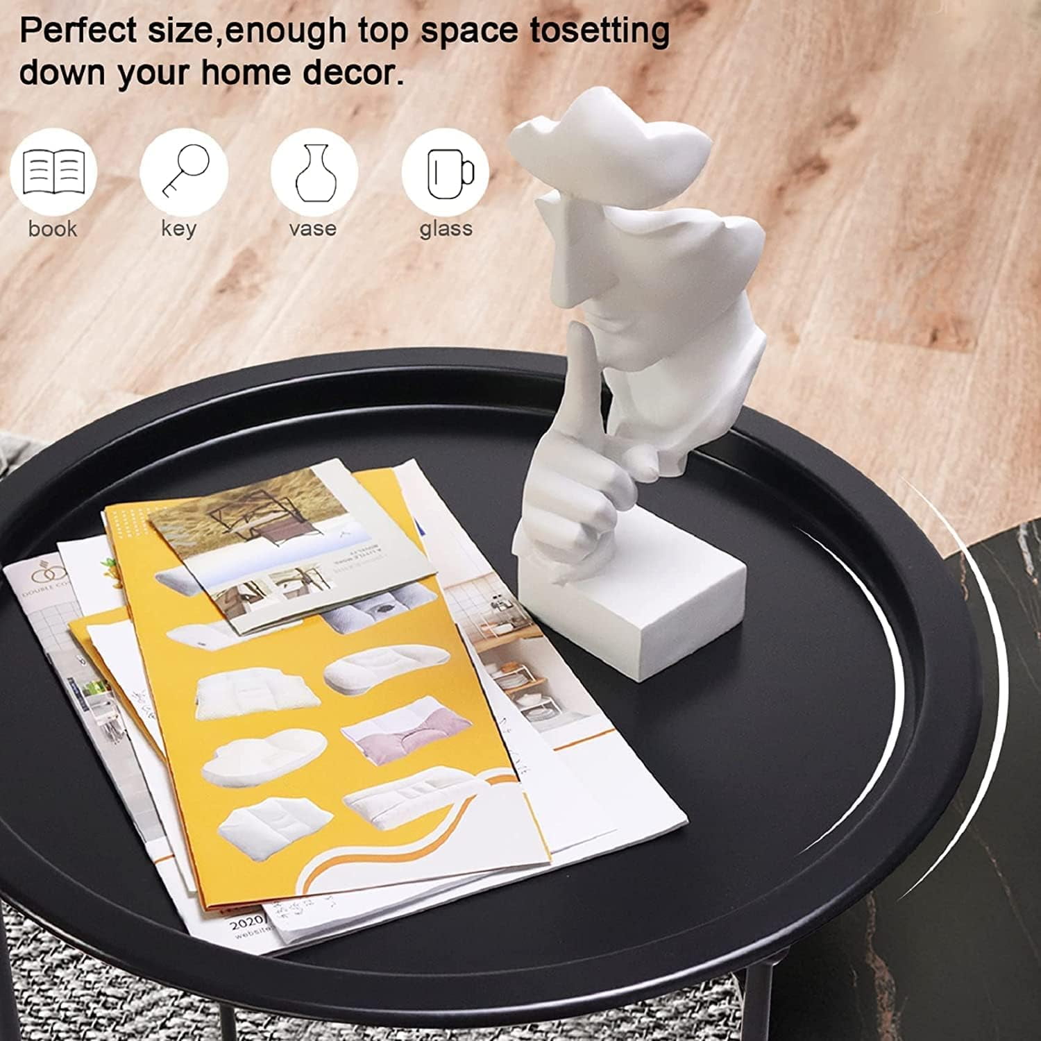 aboxoo Folding Tray Metal Side Table 2PC Black Round End Table Cyan Sofa Small Accent Fold-able Table, Round End Table Tray, Next to Sofa Table, Snack Table for Living Room and Bed Room