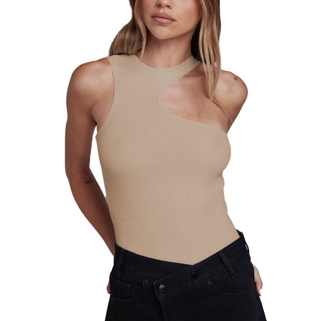 Body sin mangas para mujer, cuello redondo, asimétrico, ajustado, patrón liso, mono de punto acanalado elegante Simple