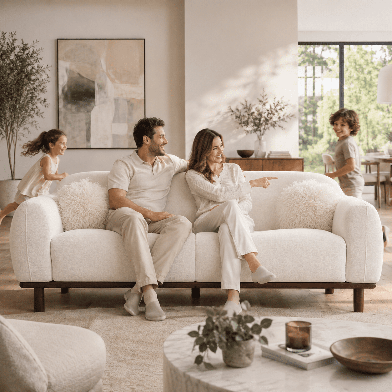 Aenkyo 84 Inch Modern Chenille Sofa, 3-Seater Deep Seat Couch with 3 Pillows, White