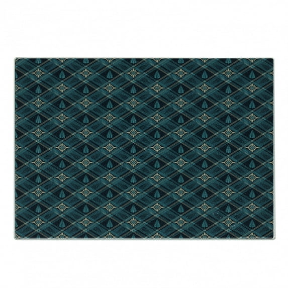 Vintage Cutting Board, Repetitive Checkered Lines and Floral Leaves Combined Illustration, Decorative Tempered Glass Cutting and Serving Board, in 3 Sizes, by Ambesonne