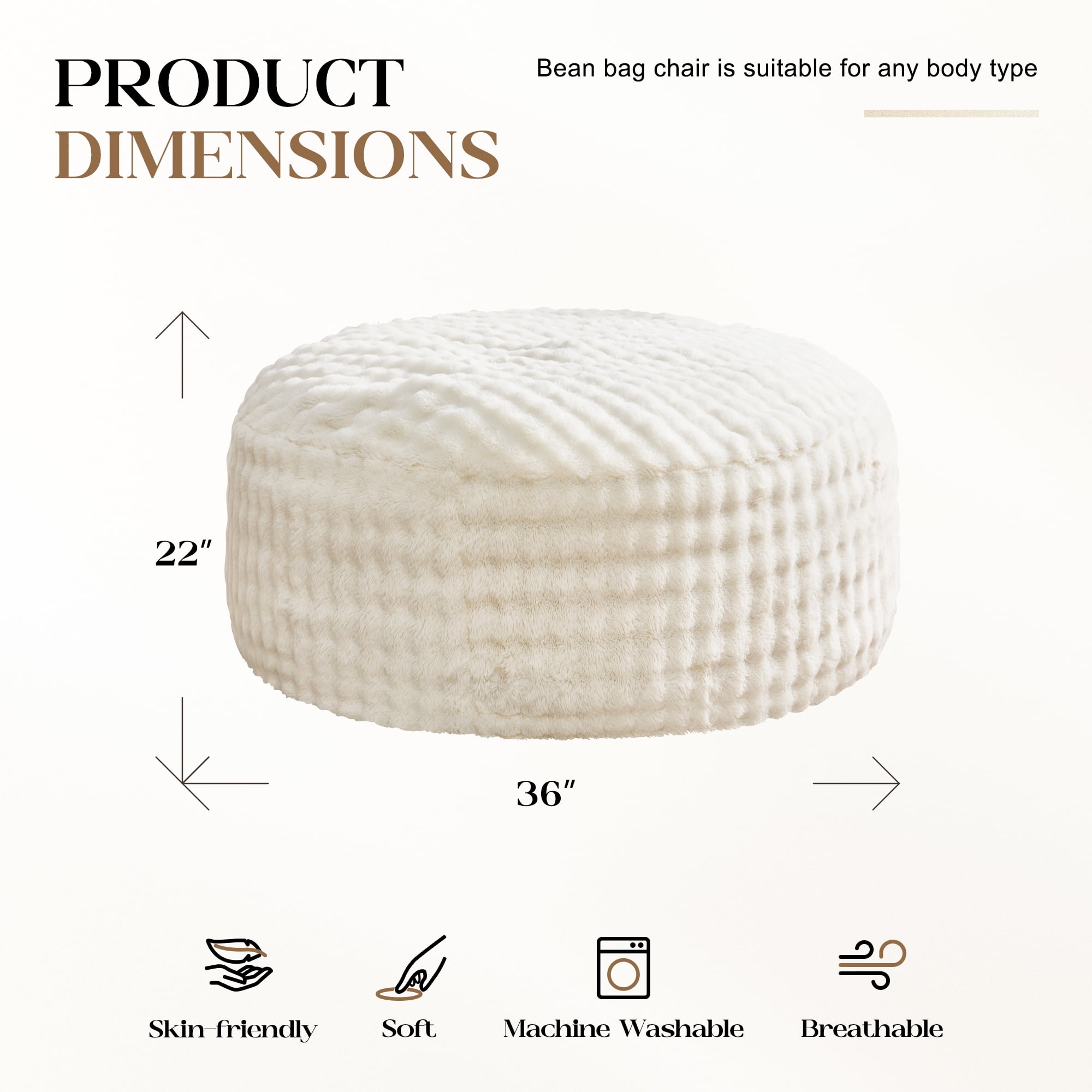 Hobestluk Bean Bag Chairs Beanbag Chair with Filler Adult Bean Bags with Fluffy & Machine Washable Cover, Giant Bean Bag Chairs for Adults (White, 3FT-36" x 36" x 22")