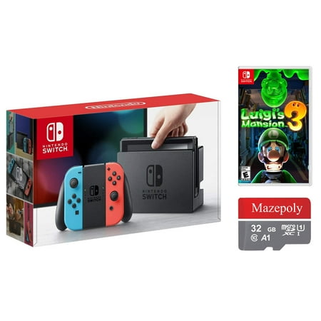 Nintendo Switch 32GB Console with Neon Red and Blue Joy-Con, Luigi's Mansion 3 with Mazepoly 32GB Memory Card