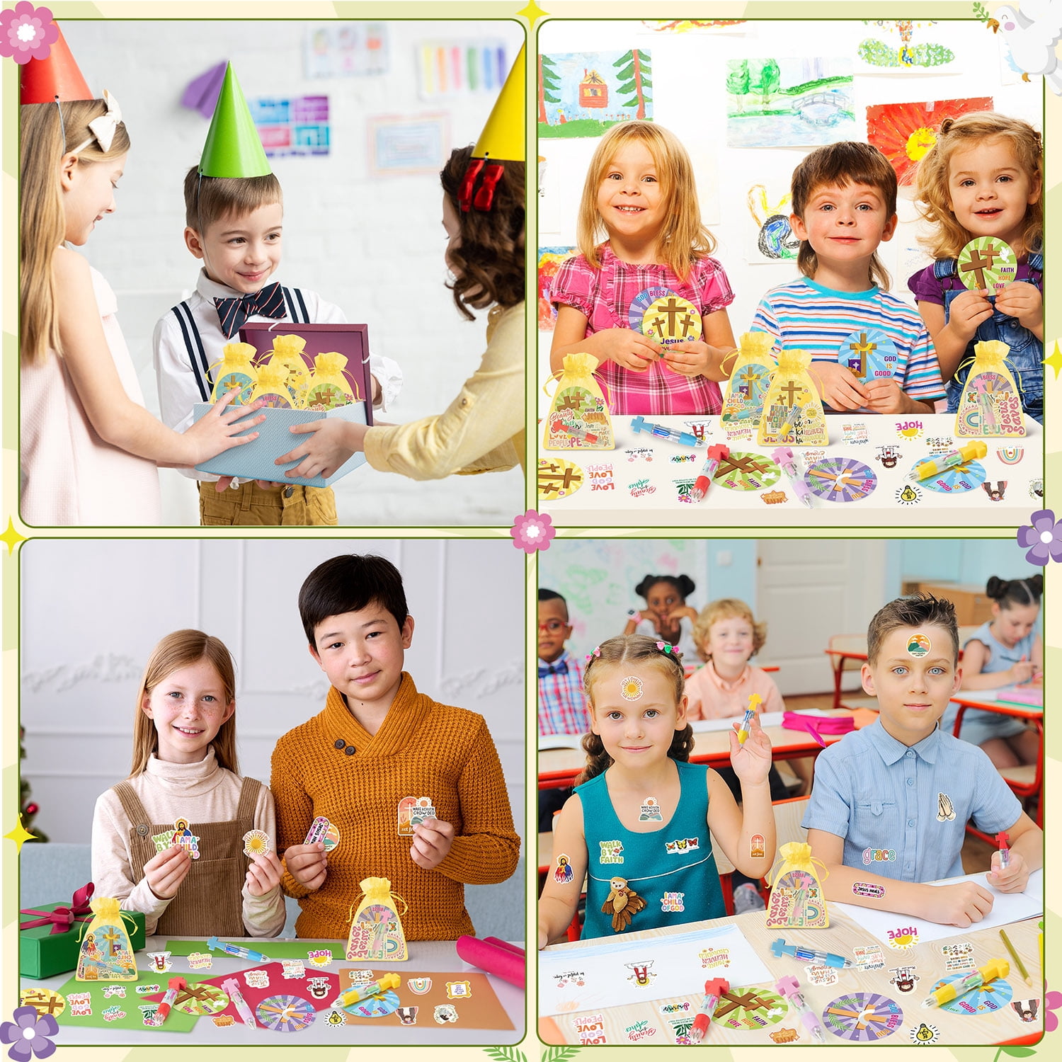 24 Set Christian Stationery Party Favors 4-In-1 Pens Sticky Note Stickers Net Bag Kit for Teaching Rewards Prizes