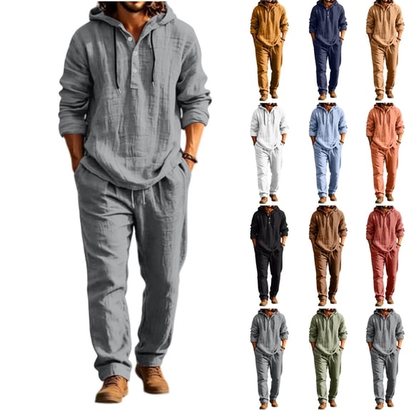 YABCSAZ Men's 2 Piece Cotton Linen Sets Casual Long Sleeve Button Hoodie and Loose Pants Set Beach Vacation Outfits Casual Lightweight Lounge Sets